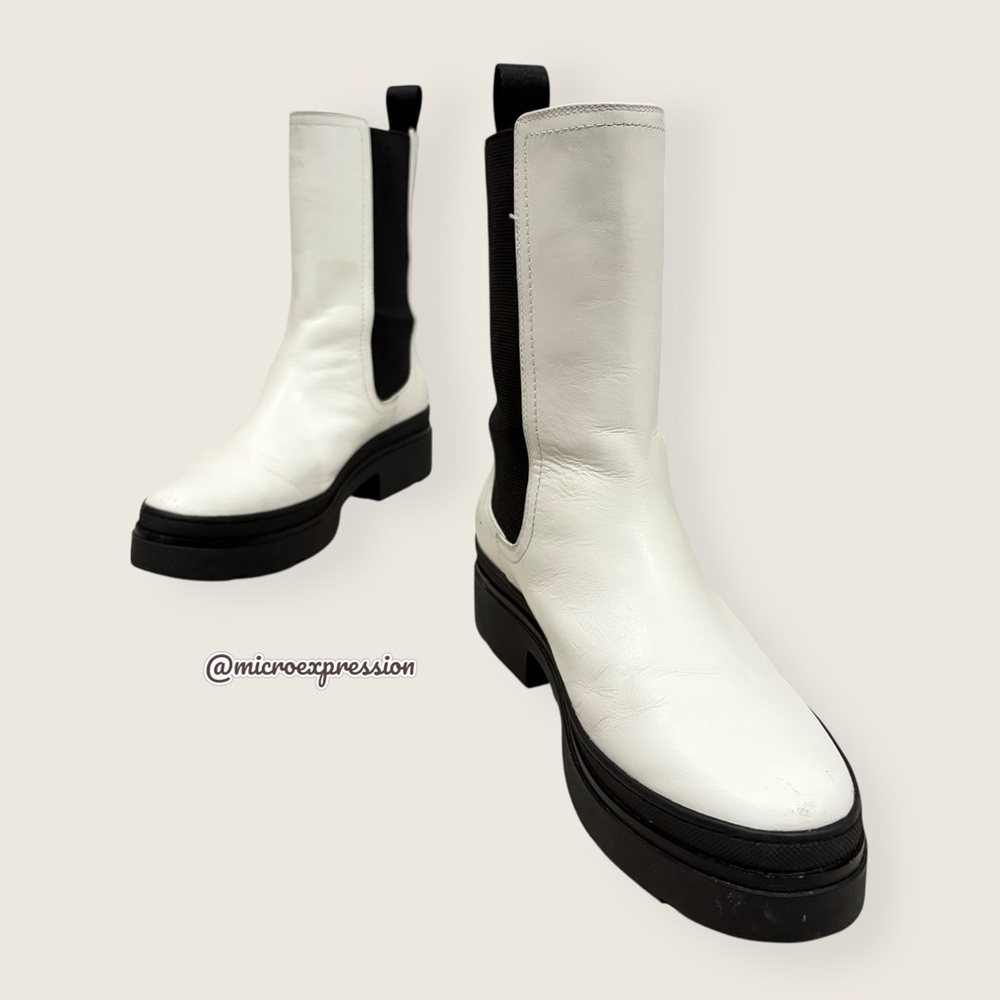 $499 Frye Chloe White Real Leather Black Retro Comfy Elastic Pull On Ankle Boot - Picture 15 of 16